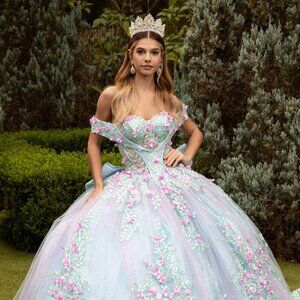 New Formal Floral Tulle Ball Gown w/ Off Shoulder Design & Sheer Bodice GL3523
